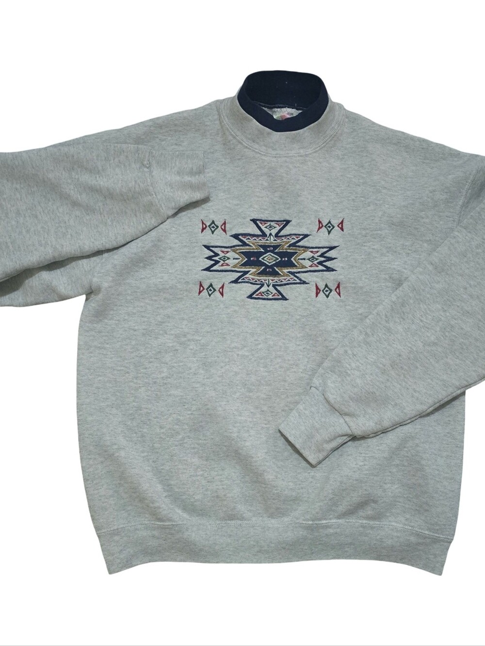 90s Vintage Embroidered Mock Neck Sweatshirt Adult Large Aztec Southwestern